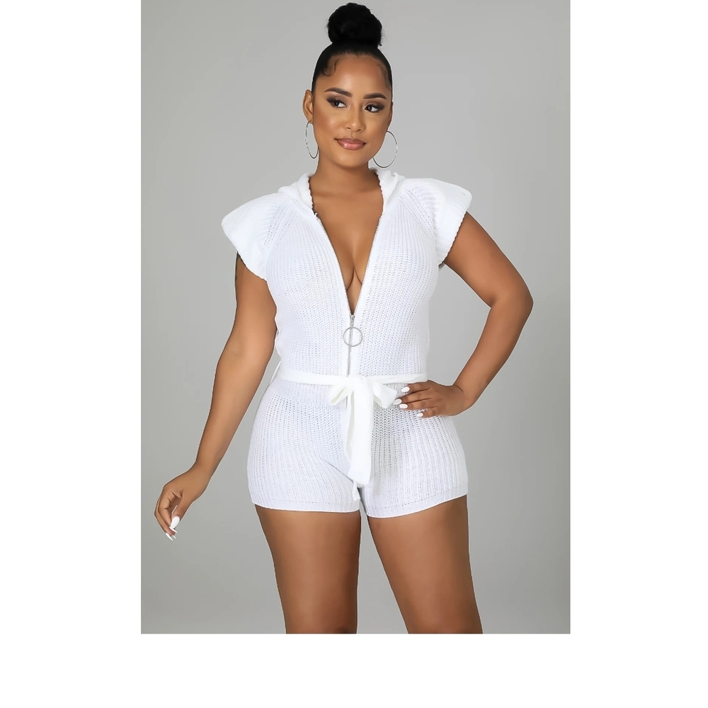 White Knit Jumpsuit with Belt